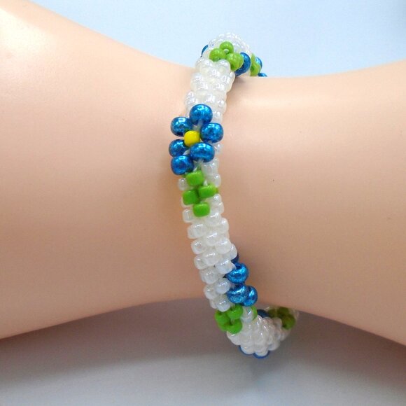 KUMIHIMO TEAL WHITE BEADED BRACELET Teal Blue Floral Woven Bracelet Handmade - Picture 2 of 3